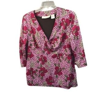 Requirements Petite Floral Print Blouse Pink Brown V-Neck 3/4 Sleeve Top